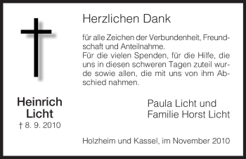 Traueranzeige von Heinrich Licht von HERSFELDER ZEITUNG