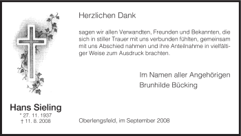 Traueranzeige von Hans Sieling von HERSFELDER ZEITUNG