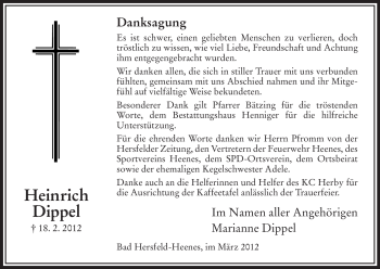 Traueranzeige von Heinrich Dippel von HERSFELDER ZEITUNG