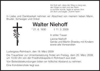 Traueranzeige von Walter Niehoff von HERSFELDER ZEITUNG