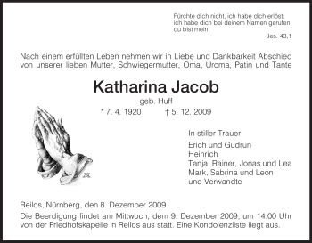 Traueranzeige von Katharina Jacob von HERSFELDER ZEITUNG