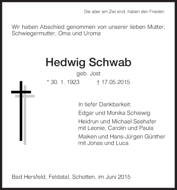 Traueranzeige von Hedwig Schwab von Hersfeld
