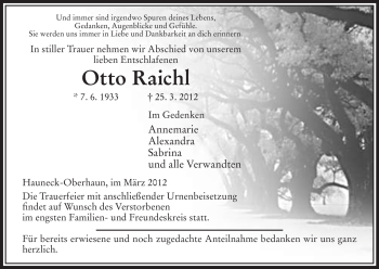 Traueranzeige von Otto Raichl von HERSFELDER ZEITUNG