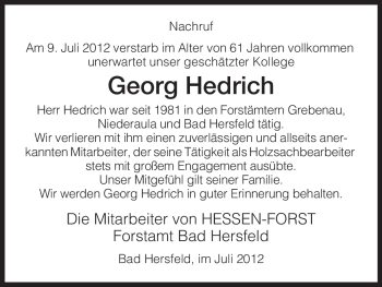 Traueranzeige von Georg Hedrich von HERSFELDER ZEITUNG