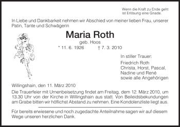 Traueranzeige von Maria Roth von HERSFELDER ZEITUNG