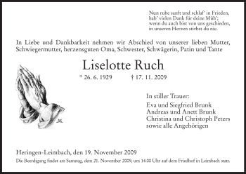 Traueranzeige von Liselotte Ruch von HERSFELDER ZEITUNG