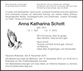 Traueranzeige von Anna Katharina Schott von HERSFELDER ZEITUNG