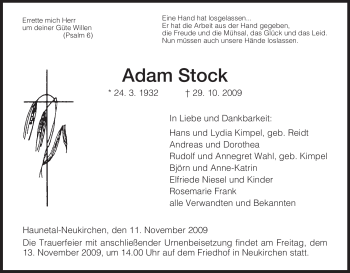 Traueranzeige von Adam Stock von HERSFELDER ZEITUNG