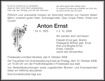 Traueranzeige von Anton Ernst von HERSFELDER ZEITUNG