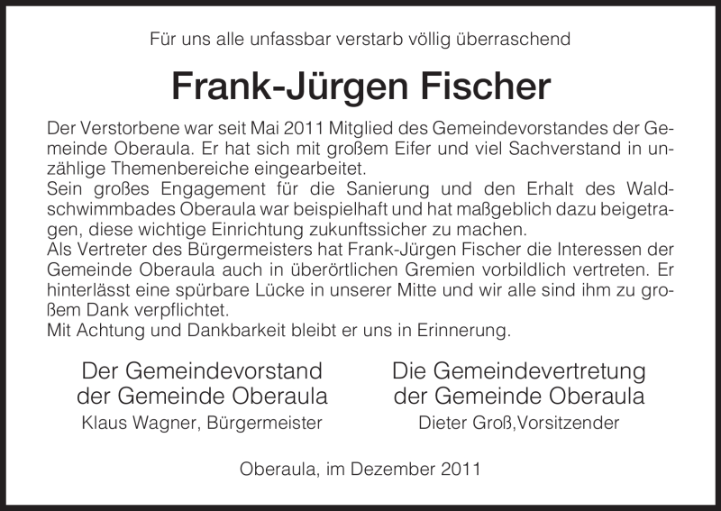  Traueranzeige für Frank-Jürgen Fischer vom 23.12.2011 aus HERSFELDER ZEITUNG