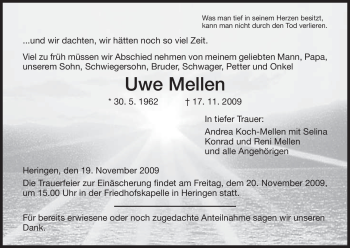 Traueranzeige von Uwe Mellen von HERSFELDER ZEITUNG