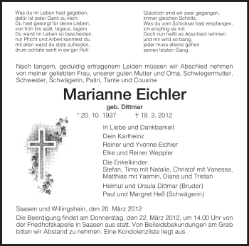 Traueranzeige von Marianne Eichler von HERSFELDER ZEITUNG