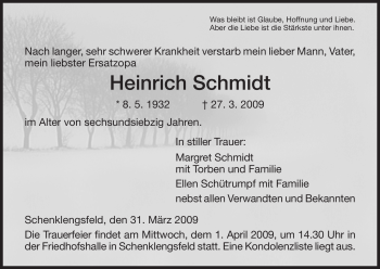 Traueranzeige von Heinrich Schmidt von HERSFELDER ZEITUNG
