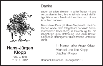 Traueranzeige von Hans-Jürgen Klopp von HERSFELDER ZEITUNG