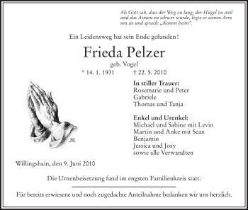 Traueranzeige von Frieda Pelzer von HERSFELDER ZEITUNG