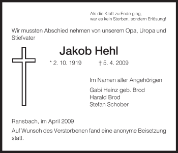Traueranzeige von Jakob Hehl von HERSFELDER ZEITUNG