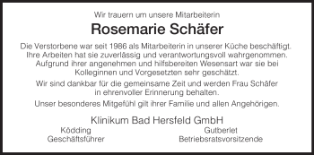 Traueranzeige von Rosemarie Schäfer von HERSFELDER ZEITUNG