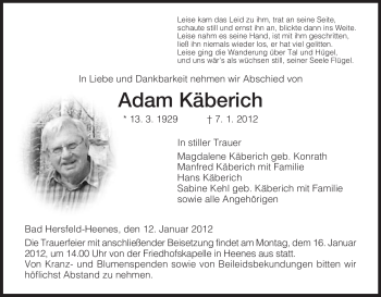 Traueranzeige von Adam Käberich von HERSFELDER ZEITUNG