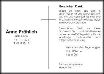 Traueranzeige von Änne Fröhlich von HERSFELDER ZEITUNG