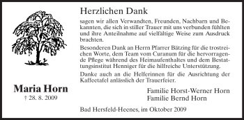 Traueranzeige von Maria Horn von HERSFELDER ZEITUNG