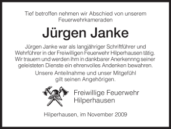 Traueranzeige von Jürgen Janke von HERSFELDER ZEITUNG