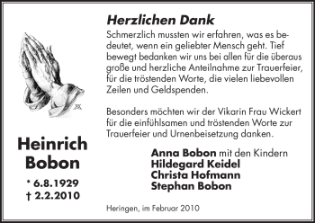Traueranzeige von Heinrich Bobon von HERSFELDER ZEITUNG