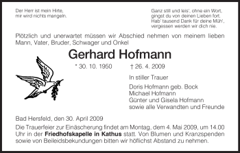 Traueranzeige von Gerhard Hofmann von HERSFELDER ZEITUNG