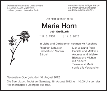 Traueranzeige von Maria Horn von HERSFELDER ZEITUNG