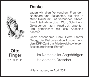 Traueranzeige von Otto Finger von HERSFELDER ZEITUNG