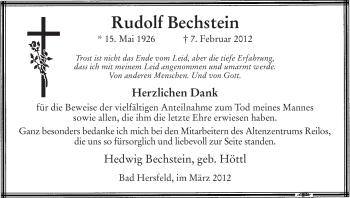 Traueranzeige von Rudolf Bechstein von HERSFELDER ZEITUNG