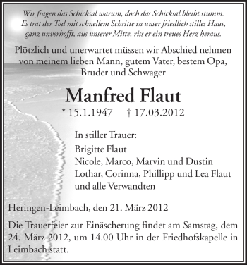 Traueranzeige von Manfred Flaut von HERSFELDER ZEITUNG