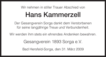 Traueranzeige von Hans Kammerzell von HERSFELDER ZEITUNG