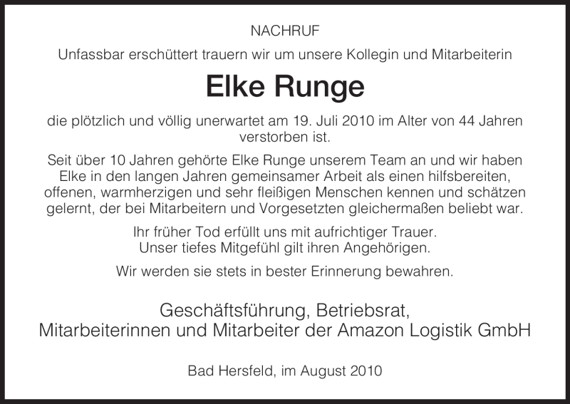  Traueranzeige für Elke Runge vom 07.08.2010 aus HERSFELDER ZEITUNG