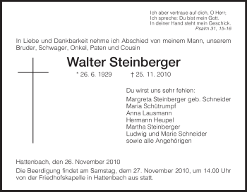 Traueranzeige von Walter Steinberger von HERSFELDER ZEITUNG