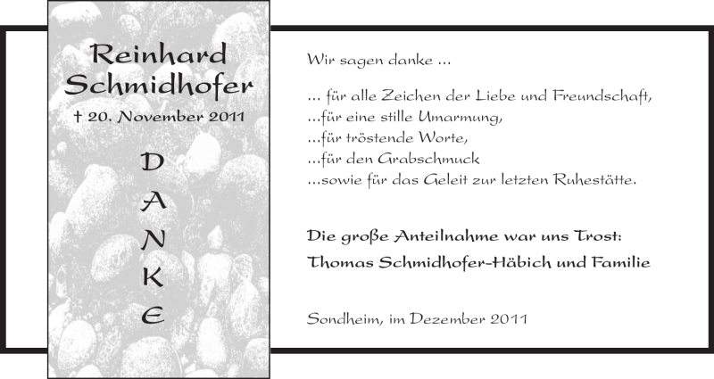  Traueranzeige für Reinhard Schmidhofer vom 10.12.2011 aus HERSFELDER ZEITUNG