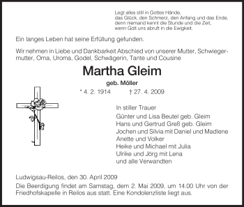 Traueranzeige von Martha Gleim von HERSFELDER ZEITUNG