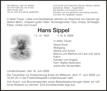 Traueranzeige von Hans Sippel von HERSFELDER ZEITUNG