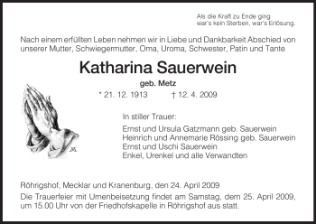 Traueranzeige von Katharina Sauerwein von HERSFELDER ZEITUNG