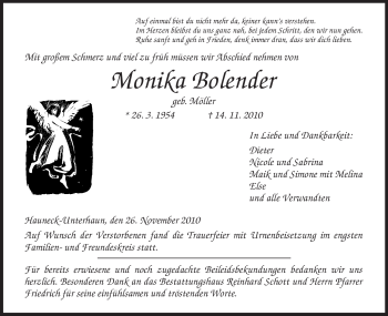 Traueranzeige von Monika Bolender von HERSFELDER ZEITUNG