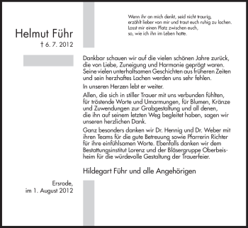 Traueranzeige von Helmut Führ von HERSFELDER ZEITUNG