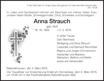 Traueranzeige von Anna Strauch von Hersfeld