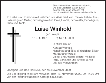 Traueranzeige von Luise Winhold von HERSFELDER ZEITUNG