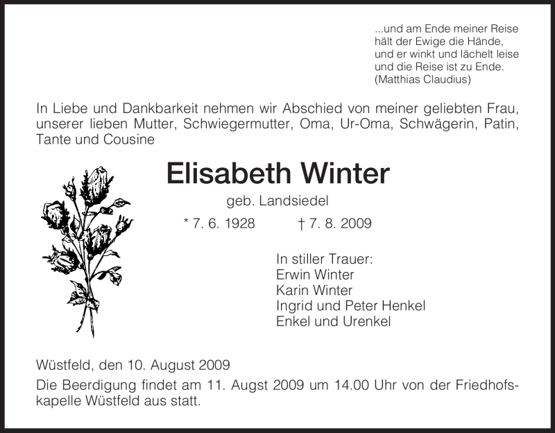  Traueranzeige für Elisabeth Winter vom 10.08.2009 aus HERSFELDER ZEITUNG