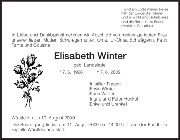 Traueranzeige von Elisabeth Winter von HERSFELDER ZEITUNG