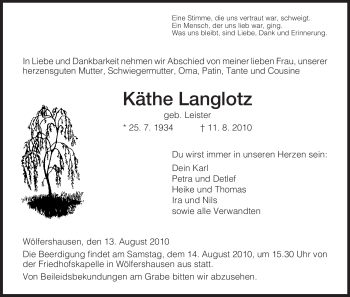 Traueranzeige von Käthe Langlotz von HERSFELDER ZEITUNG