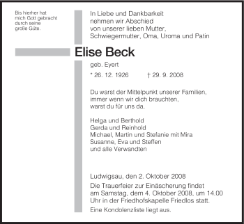 Traueranzeige von Elise Beck von HERSFELDER ZEITUNG