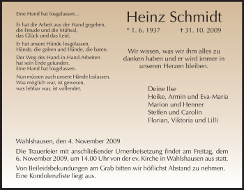 Traueranzeige von Heinz Schmidt von HERSFELDER ZEITUNG