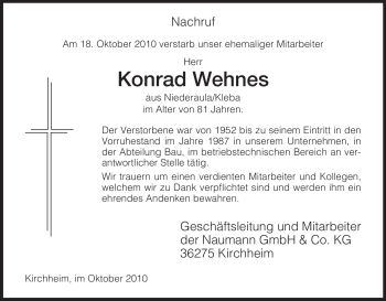 Traueranzeige von Konrad Wehnes von HERSFELDER ZEITUNG