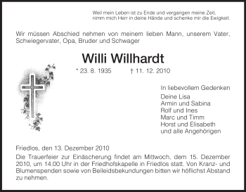Traueranzeige von Willi Willhardt von HERSFELDER ZEITUNG