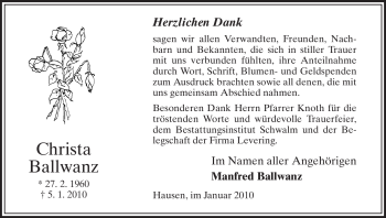 Traueranzeige von Christa Ballwanz von HERSFELDER ZEITUNG